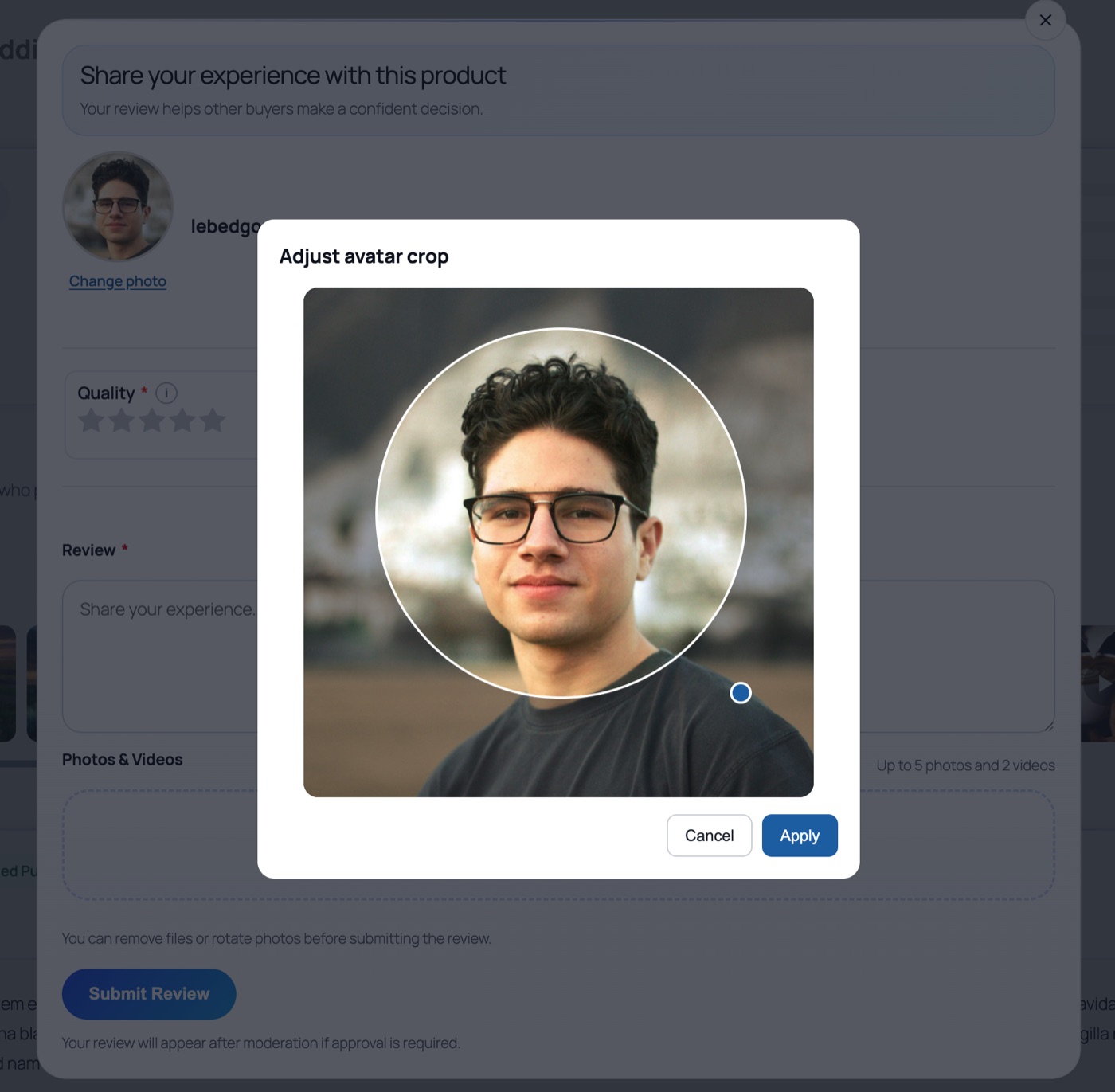 Avatar crop modal in PVR Media Reviews after a customer selected a profile photo