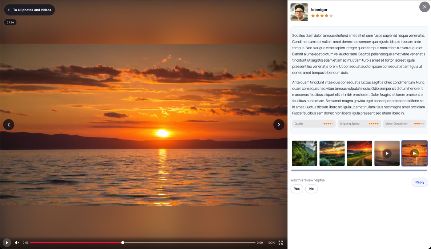 Self-hosted media viewer with large photo on the left and full review details on the right