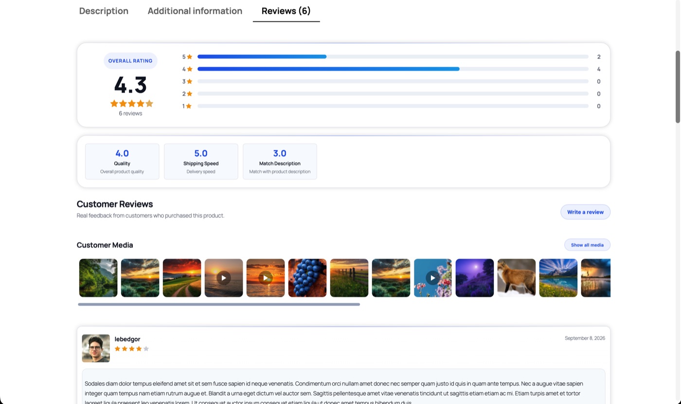 WooCommerce product reviews tab with rating summary, criteria breakdown, Customer Media strip and photo review cards