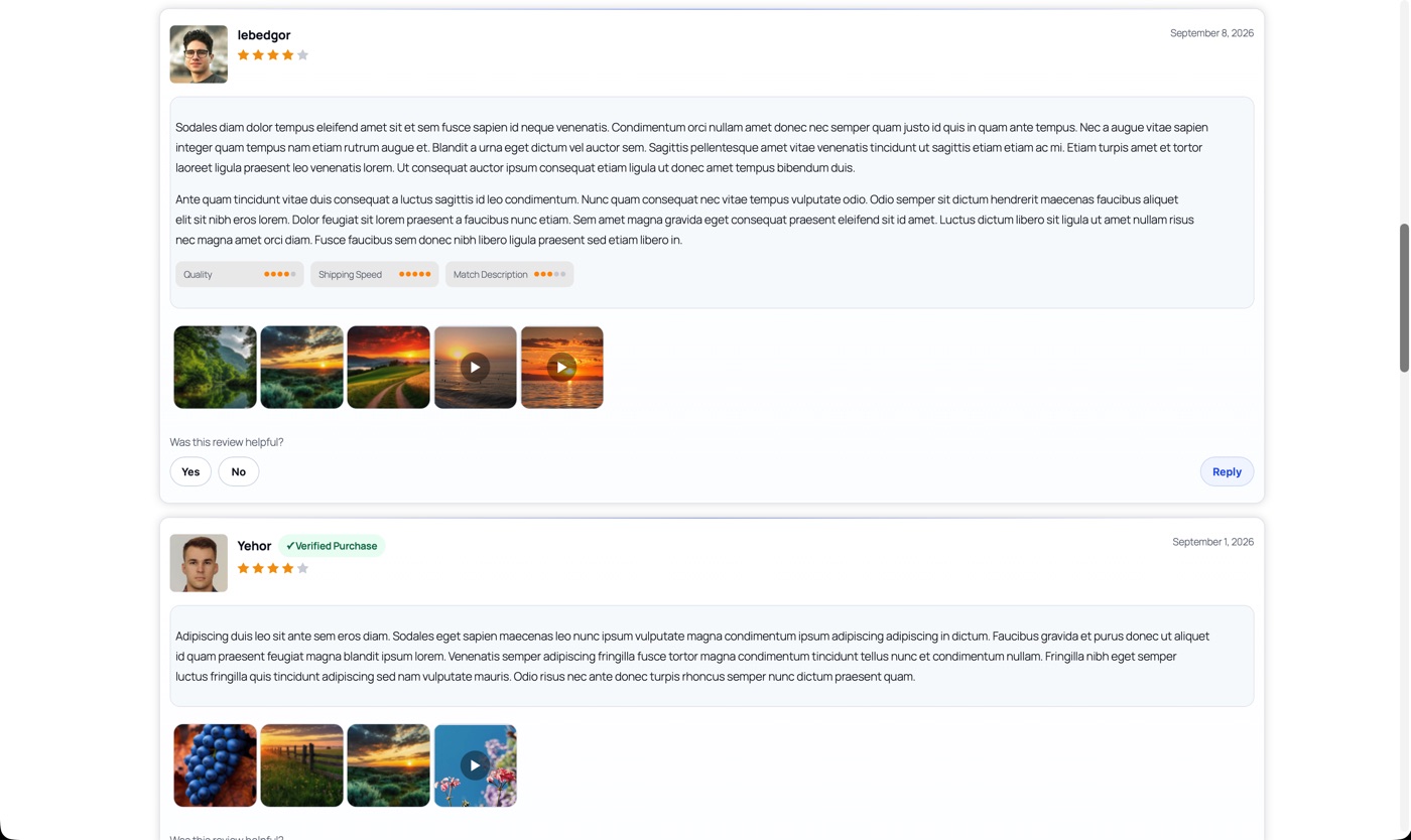 Two complete customer review cards with avatars, verified badges, media and helpful voting