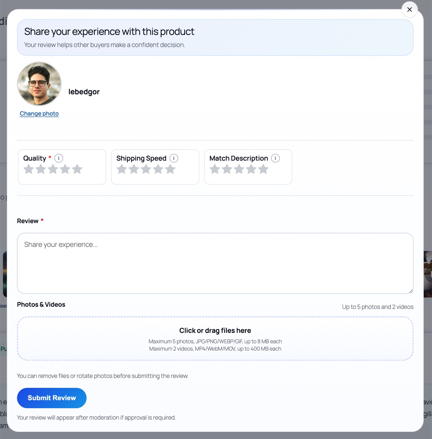 Empty WooCommerce review form with star rating, avatar upload, pros and cons fields and media dropzone