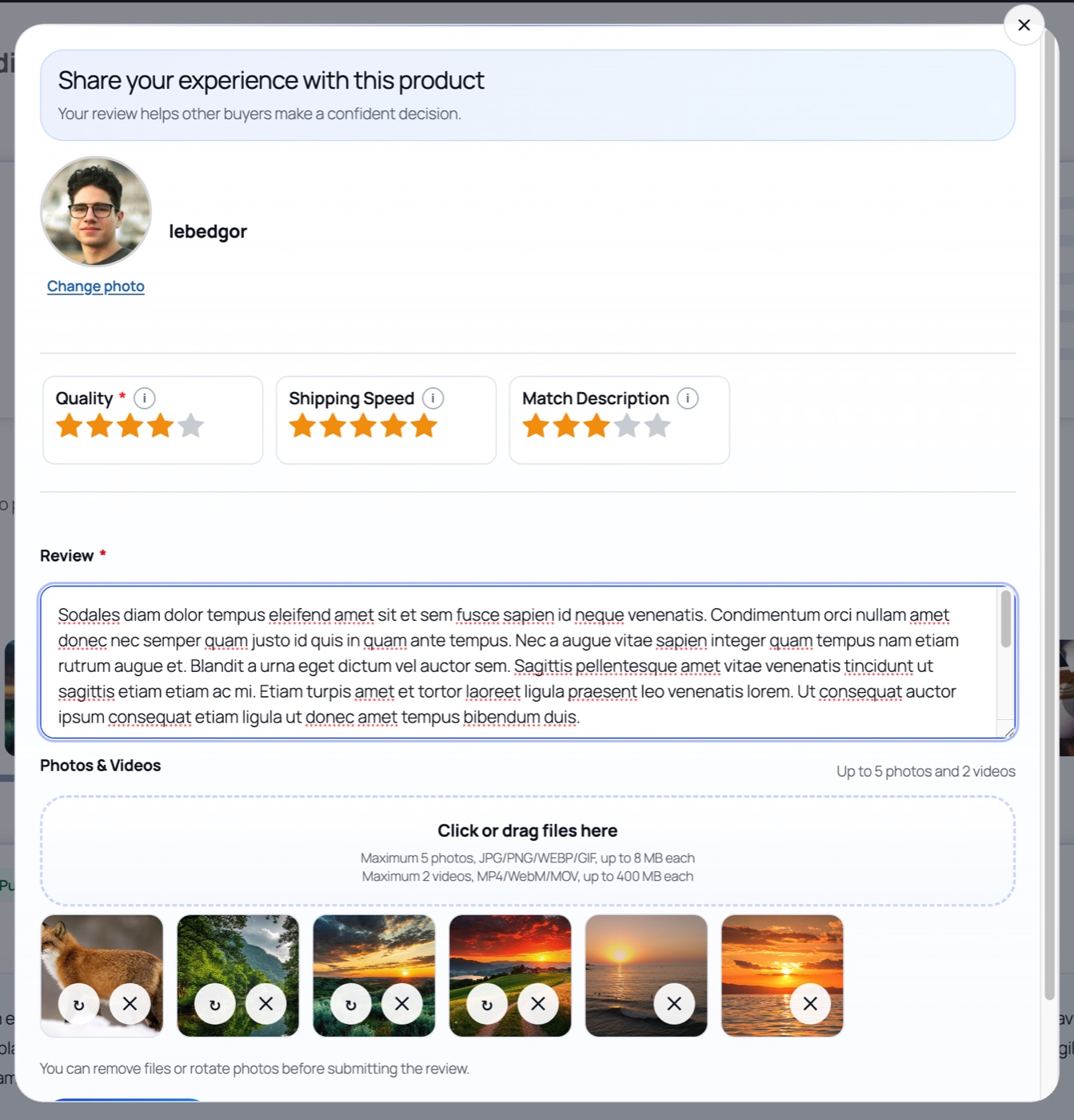 Completed WooCommerce review form with four photos and two videos attached