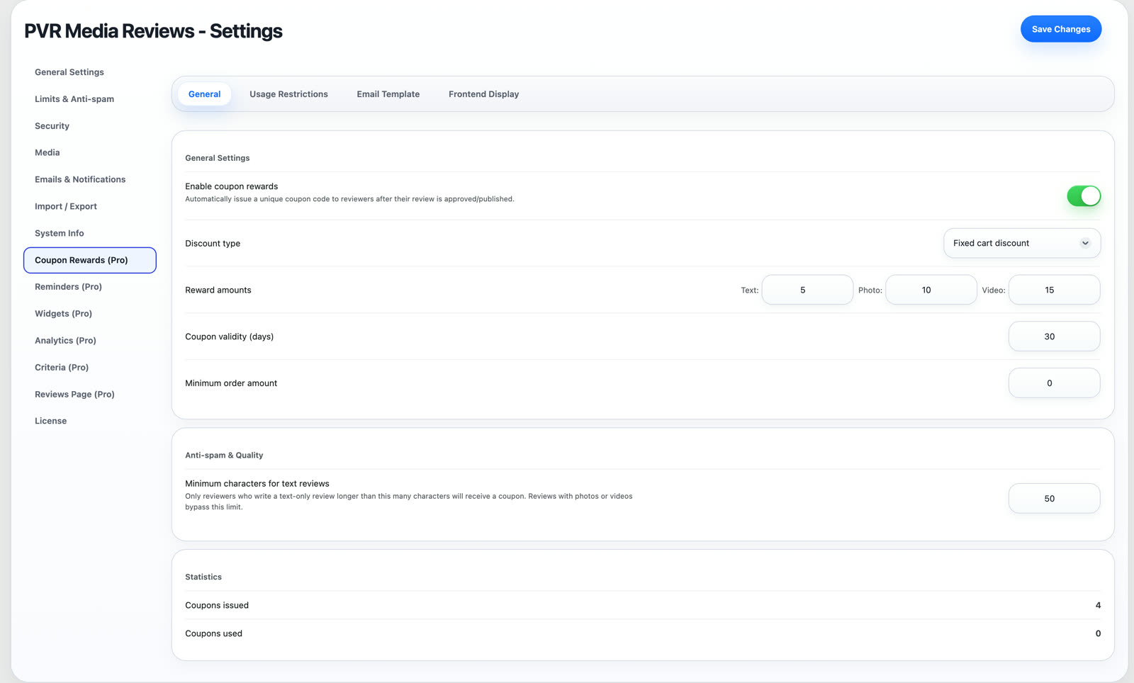 Coupon Rewards settings in the WordPress admin with reward amounts per review type