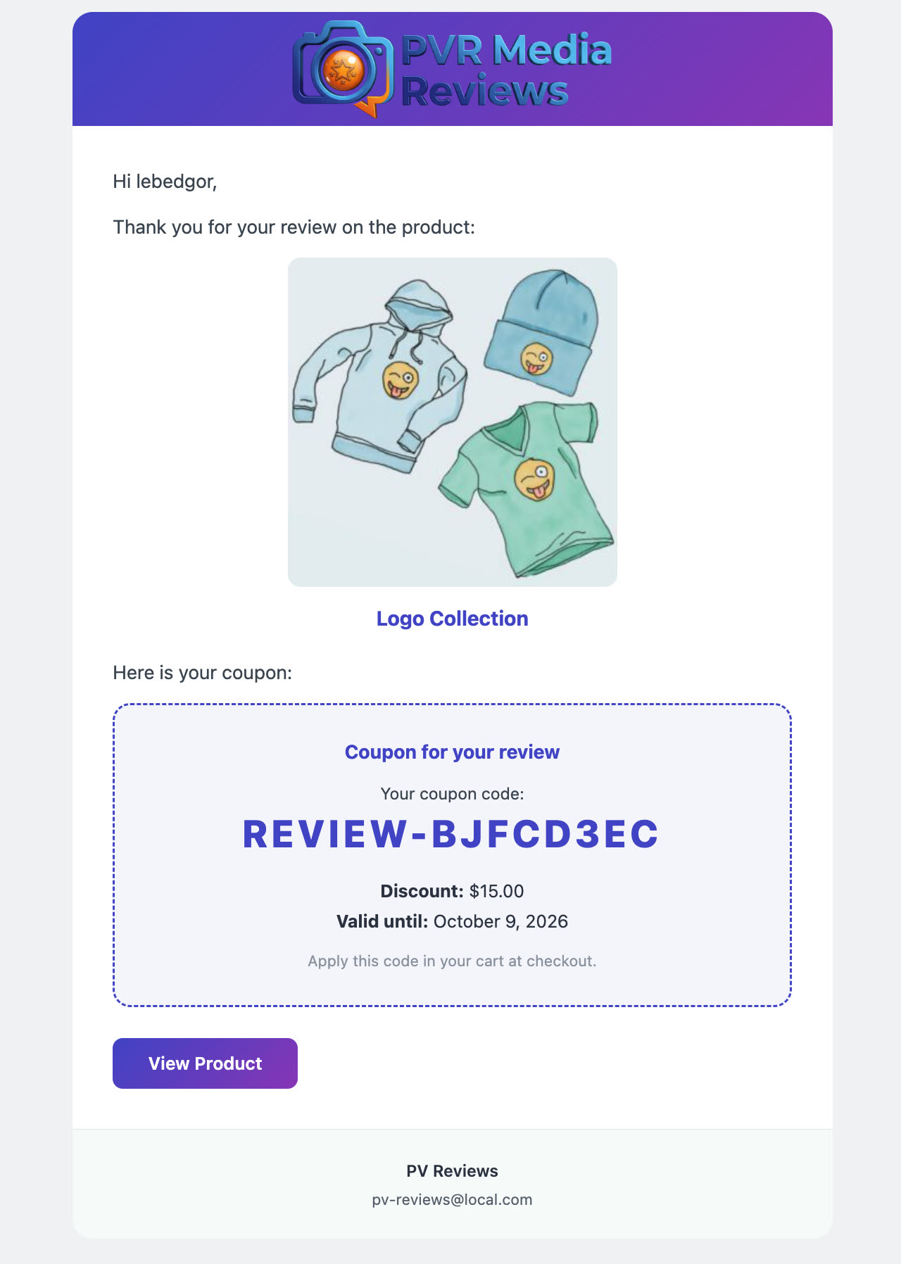 Coupon reward email with store branding and coupon ticket