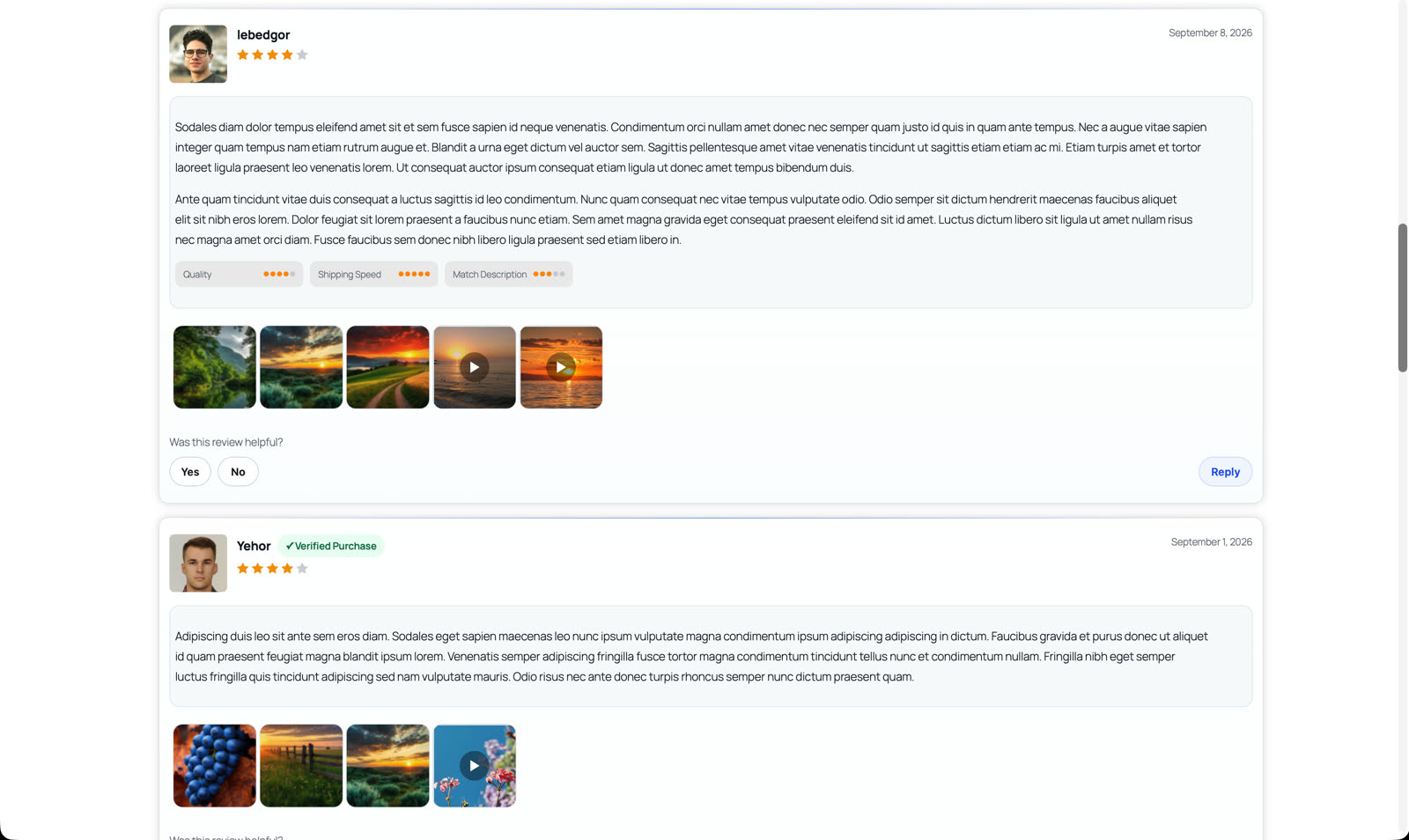 WooCommerce review cards with photos, helpfulness voting and store replies