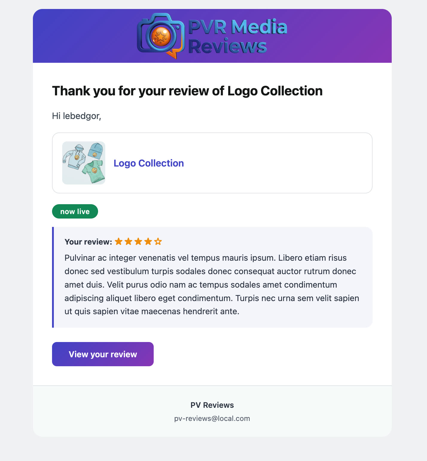 Review published confirmation email for the customer