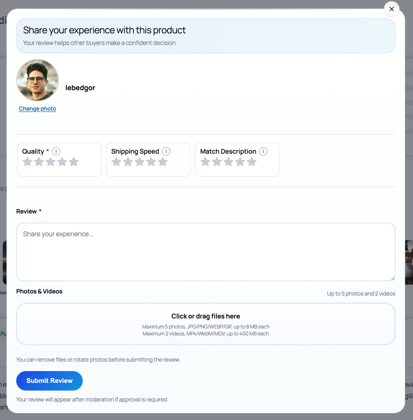Empty WooCommerce review form with photo and video upload zones
